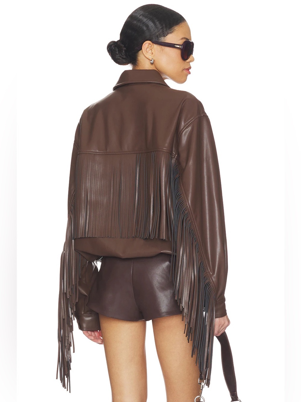 NWT Lovers and Friends Sanna Faux Leather Fringe Bomber Jacket Chocolate Brown S